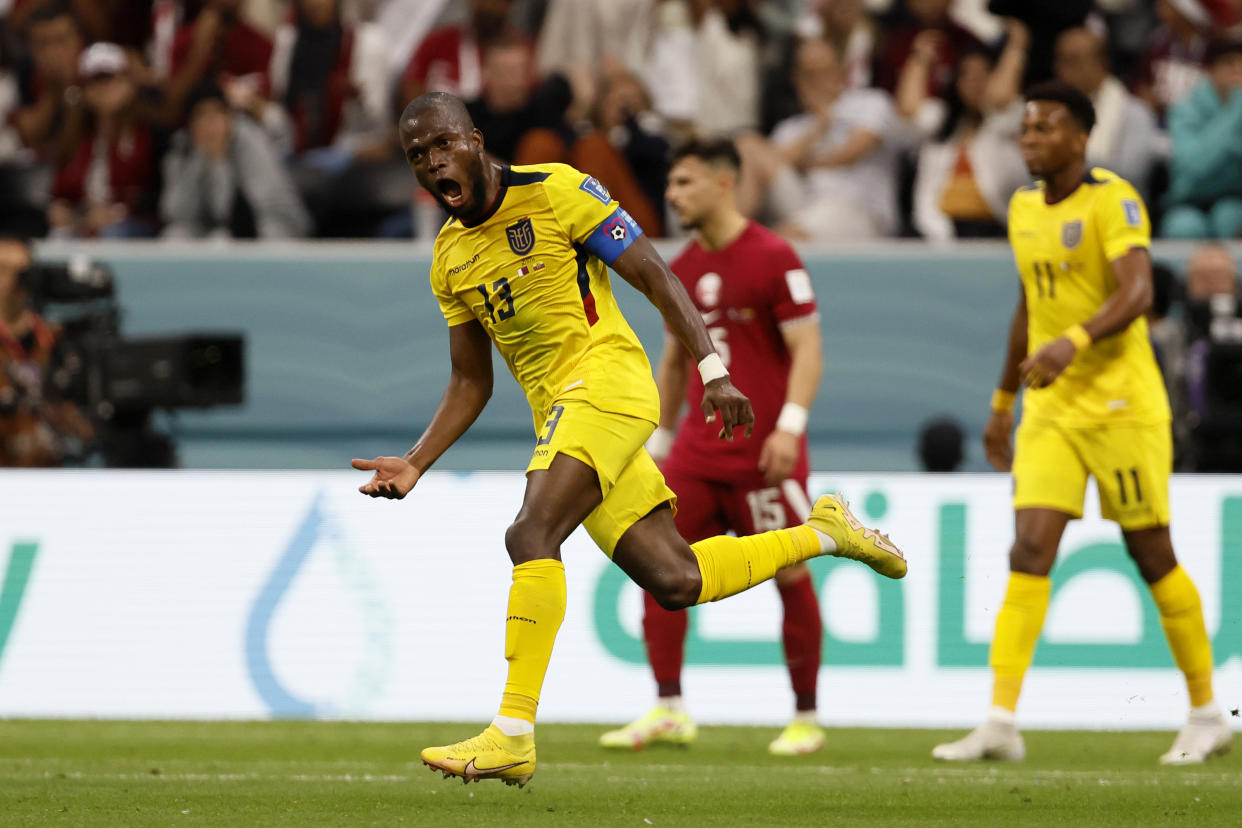 AL KHOR, QATAR - NOVEMBER 20: Enner Valencia of Ecuador celebrates his 2nd goal during the FIFA World Cup Qatar 2022 Group A match between Qatar and Ecuador at Al Bayt Stadium on November 20, 2022 in Al Khor, Qatar. (Photo by Richard Sellers/Getty Images)