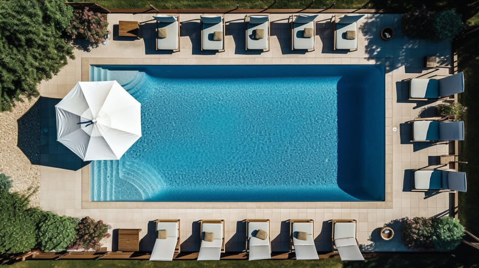 Aerial view of a swimming pool with outdoor furniture surrounding it.