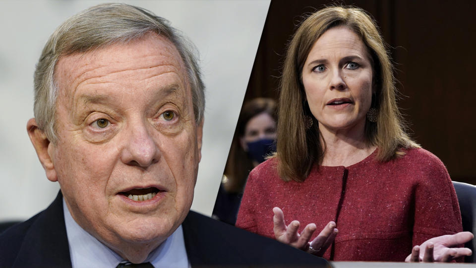 Sen. Dick Durbin, D-Ill., and Judge Amy Coney Barrett. (Susan Walsh, Pool via AP,  Drew Angerer/Pool via Reuters)