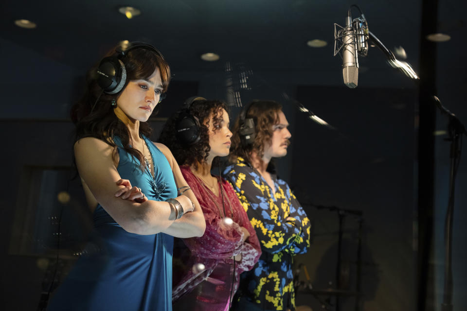 This image released by O&M/DKC shows Sarah Pidgeon, from left, Juliana Canfield and Tom Pecinka during a performance of "Stereophonic." (Julieta Cervantes/O&M/DKC via AP)