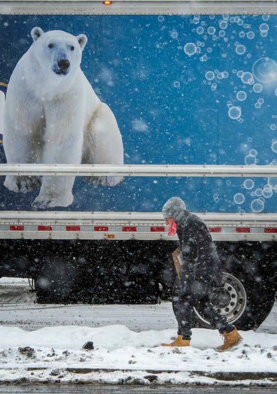 A man walks past a delivery truck featuring a polar bear as the snow begins to fall in Worcester