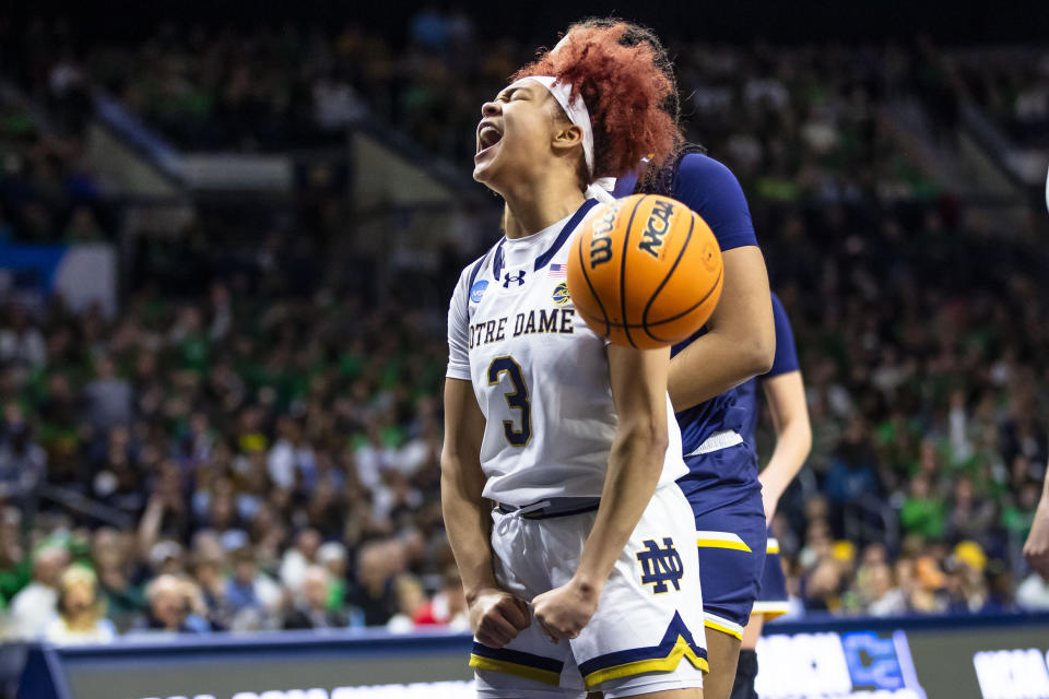 Notre Dame guard Hannah Hidalgo (3) celebrates after making a basket and being fouled during the second half of a first-round college basketball game against Kent State in the NCAA Tournament Saturday, March 23, 2024, in South Bend, Ind. (AP Photo/Michael Caterina)