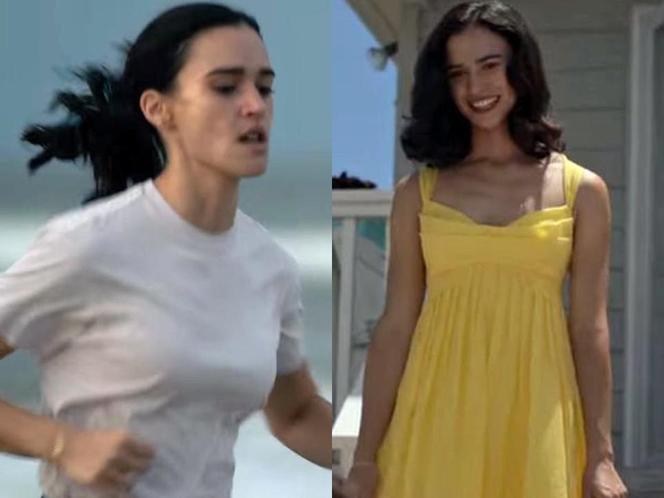 auden running on the beach and auden wearing a yellow prom dress in along for the ride