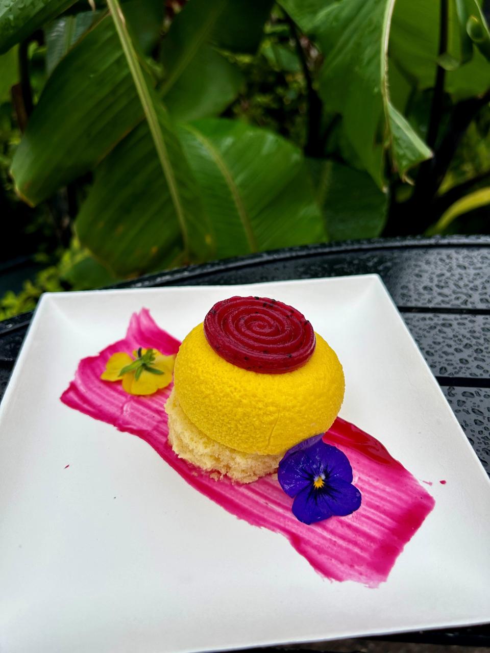 Passion Fruit-filled Mango cheesecake with coconut-pineapple cake, dragon fruit gelée and dragon fruit-strawberry sauce is a new dish at the 2024 EPCOT International Festival of the Arts.