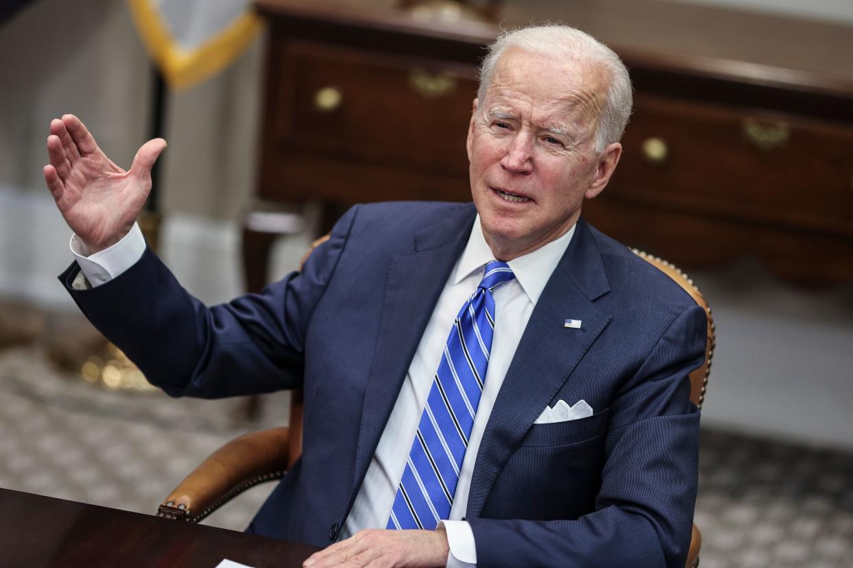 Biden speaks during a virtual call in the Roosevelt Room of the White House, March 4, in Washington, D.C. (Photo: Photo by Oliver Contreras-Pool via Getty Images)