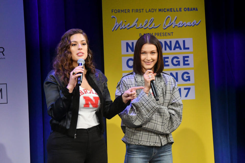 NEW YORK, NY - MAY 05:  Models Ashley Graham (L) and Bella Hadid speak onstage during MTV's 2017 College Signing Day With Michelle Obama at The Public Theater on May 5, 2017 in New York City.  (Photo by Mike Coppola/Getty Images for MTV)