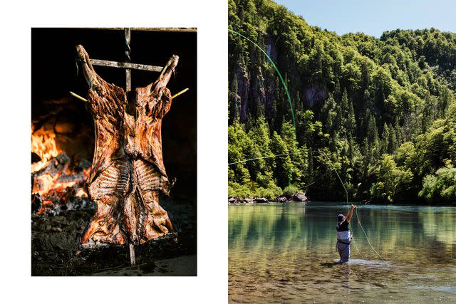 <p>Tom Parker</p> From left: Lamb grilled over an open fire at Bio Bio Expeditions Camp; fly-fishing on a quiet stretch of the Futaleufú near Pata Lodge.