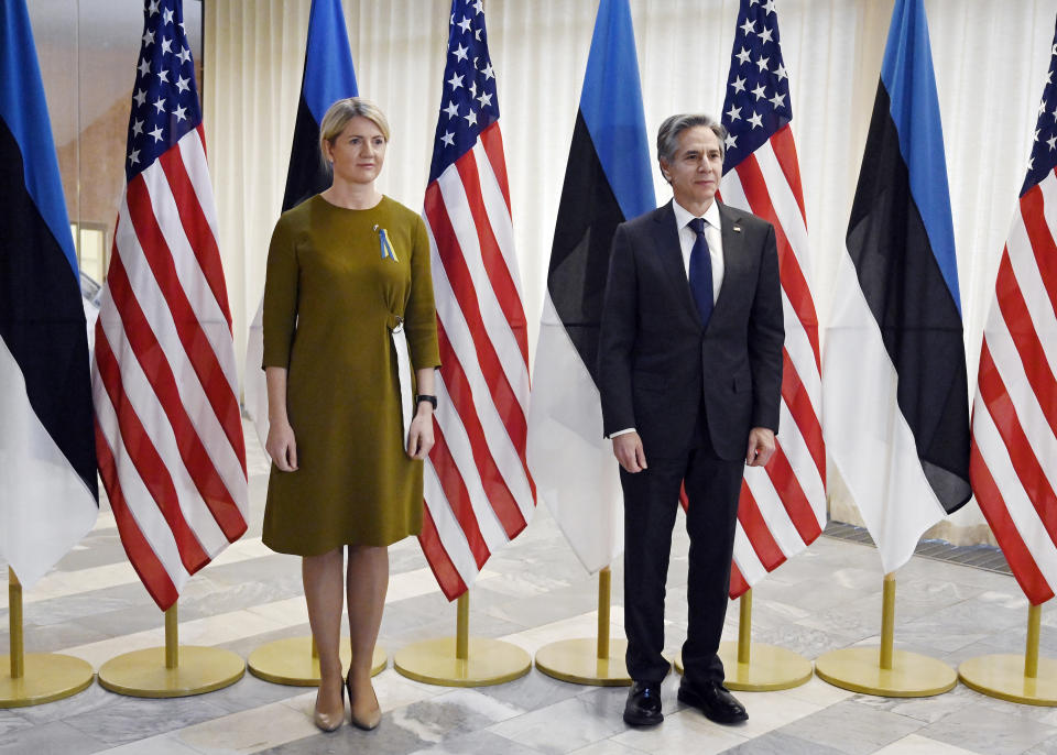 Estonian Foreign Minister Eva-Maria Liimets, left, and U.S. Secretary of State Antony Blinken pose for photographers on the occasion of their meeting, in Tallinn, Estonia, on Tuesday, March 8, 2022. Blinken was meeting with senior Estonian officials in Tallinn on Tuesday, a day after hearing appeals from both Lithuania and Latvia for more support and greater U.S. and NATO troop presence to deter a feared Russian intervention. (Olivier Douliery/Pool Photo via AP)