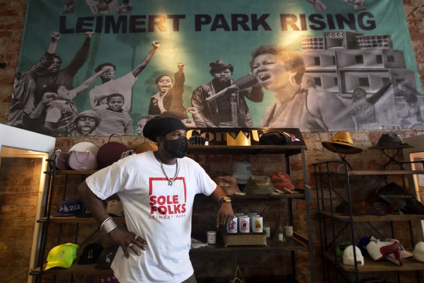 Los Angeles, CA. OCTOBER 18, 2020: Portrait of Sole Folks owner Akil West Saturday October 17, 2020 in the Leimert Park neighborhood of Los Angeles, CA. Sole Folks is a new sneaker store and Black marketplace that opened in Leimert Park that is owned by local Akil West, "Euphoria" actor Nika King and fashion influencer/stylist/designer Taz Arnold. The owners also run a Black incubator program for aspiring, young designers. The store is hosting their first workshop with Union owner, Chris Gibbs, this Saturday (Oct. 17) who is discussing the development of his newest Jordan sneaker. The store is hosting their first workshop with Union owner, Chris Gibbs, this Saturday (Oct. 17) who will discuss the development of his newest Jordan sneaker. Other local designers and influencers will also be speaking during the all day panel. (Francine Orr/ Los Angeles Times)