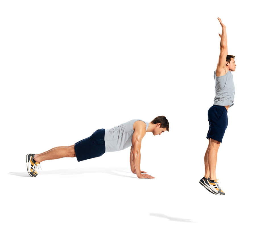Directions:<p>Complete the following circuit 4 times, resting 1 minute after the burpees in each round.</p>1. Pullups<p>Reps: As many reps as possible in 30 seconds.</p>2. Jumping Jacks<p><strong>Reps:</strong> 60 reps</p>3. Burpees<p><strong>Reps:</strong> 20</p>