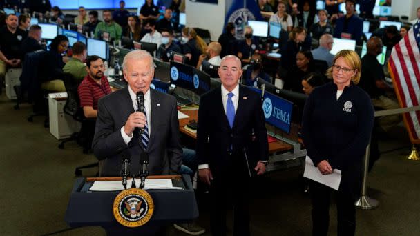 PHOTO: President Joe Biden speaks about Hurricane Ian during a visit to FEMA headquarters, Sept. 29, 2022, in Washington, D.C.  (Evan Vucci/AP)