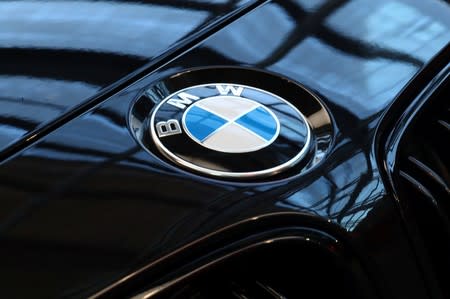 A logo of German luxury carmaker BMW, is seen ahead of the company's annual news conference in Munich