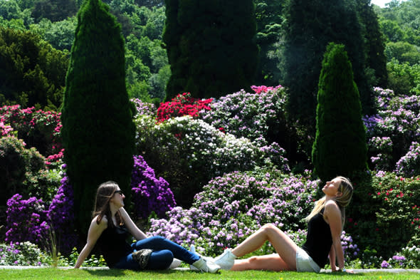 Philippa Christie, 22, from South Shields (right) and friend Alex Hughes, 21, from Hartlepool enjoy the sun in the Rhododendron garden at Belsay Hall in Northumberland as the UK may bask in the hottest day of the year so far today, forecasters said.