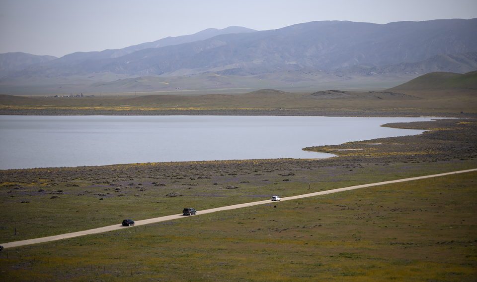 Fields of yellow wildflowers line the shores of a full Soda Lake in the Carrizo Plain National Monument on April 1, 2023.