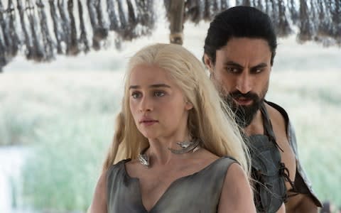 Joe Naufahu as Khal Moro, with Emilia Clarke as Daenerys Targaryen - Credit: HBO