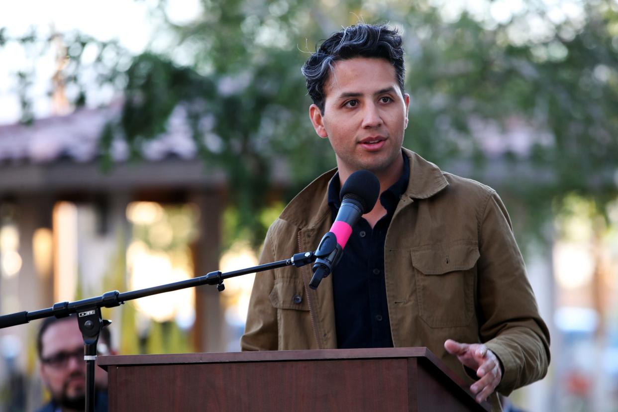 Andres Chavez, grandson of Cesar Chavez and the executive director of the National Chavez Center, speaks during the inaugural Coachella Chavez Day on Wednesday.