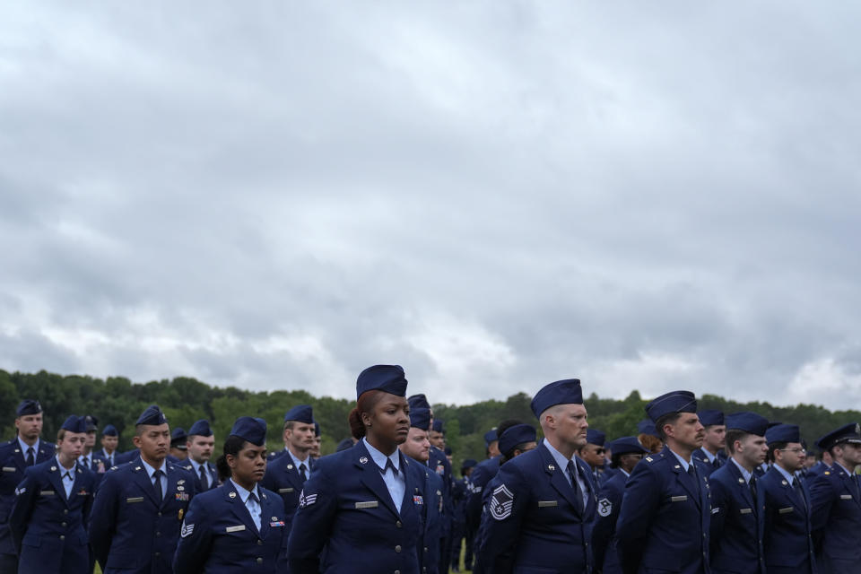 Members of the military attend slain airman Roger Fortson's interment at Lincoln Memorial Cemetery, Friday, May 17, 2024, in Atlanta. (AP Photo/Brynn Anderson)