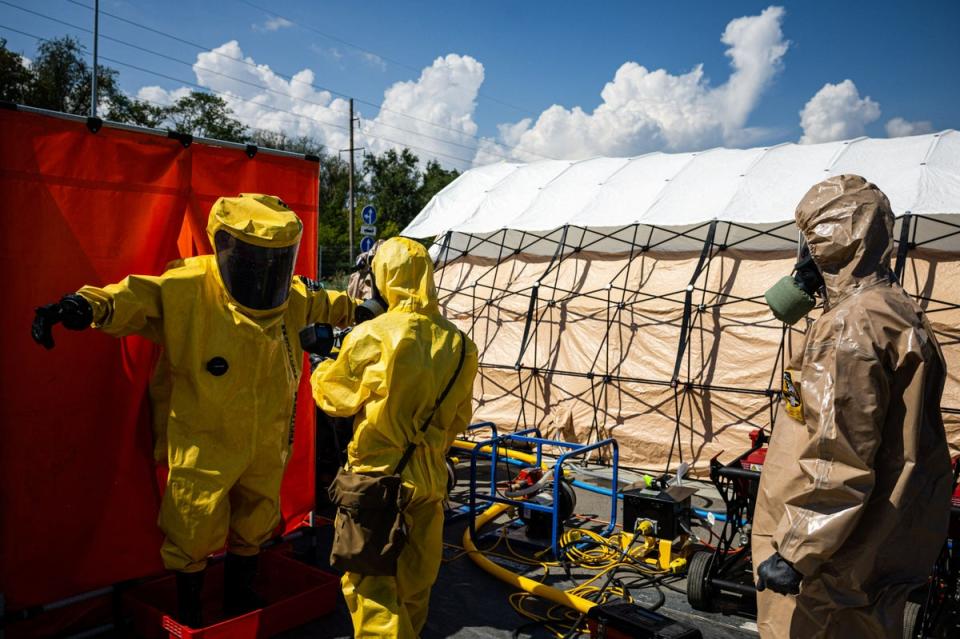 Ukrainian emergency responders attending a nuclear disaster drill in Zaporizhzhia (AFP via Getty Images)