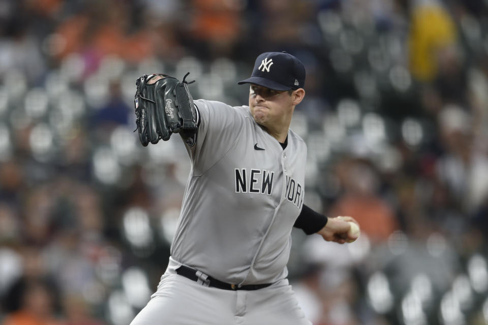 New York Yankees pitcher Jordan Montgomery throws against the Baltimore Orioles in the first inning of a baseball game Thursday, Sept. 16, 2021, in Baltimore. (AP Photo/Gail Burton)