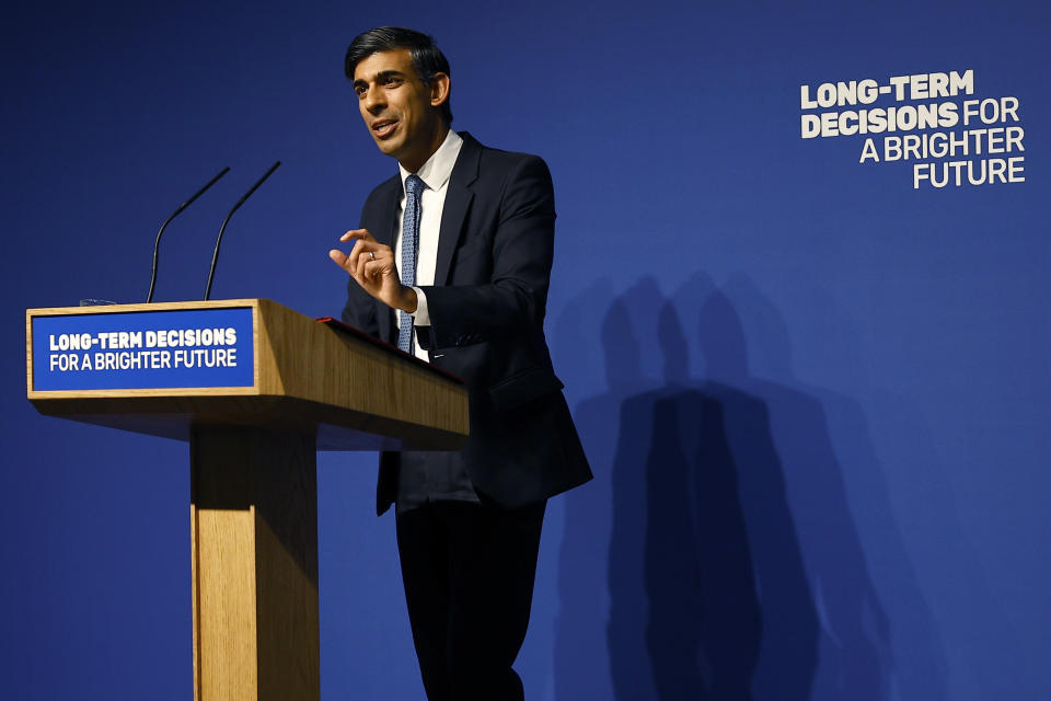 FILE - Britain's Prime Minister Rishi Sunak delivers a speech on AI at Royal Society, Carlton House Terrace, London, Thursday Oct. 26, 2023. British Prime Minister Rishi Sunak will host a two-day summit focused on frontier AI. It's reportedly expected to be draw a group of about 100 officials from 28 countries, including U.S. Vice President Kamala Harris and executives from key U.S. artificial intelligence companies including OpenAI, Google's DeepMind and Anthropic. (Peter Nicholls/Pool via AP, File)