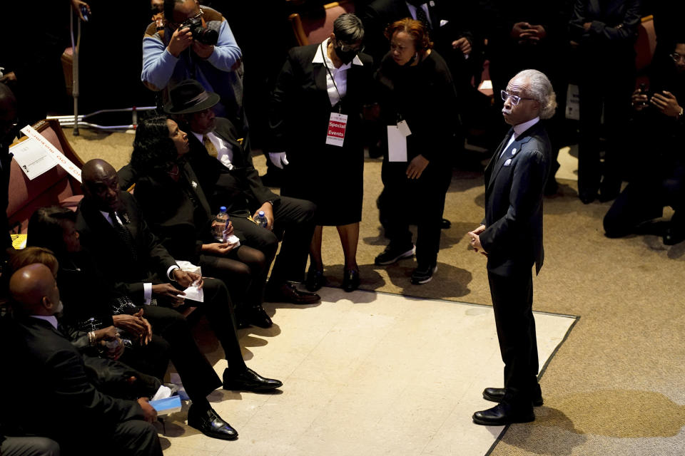 Rev. Al Sharpton stands in the front of the sanctuary at Mississippi Boulevard Christian Church in Memphis, Tenn., before the funeral service for Tyre Nichols on Wednesday, Feb. 1, 2023. (Andrew Nelles/The Tennessean via AP, Pool)