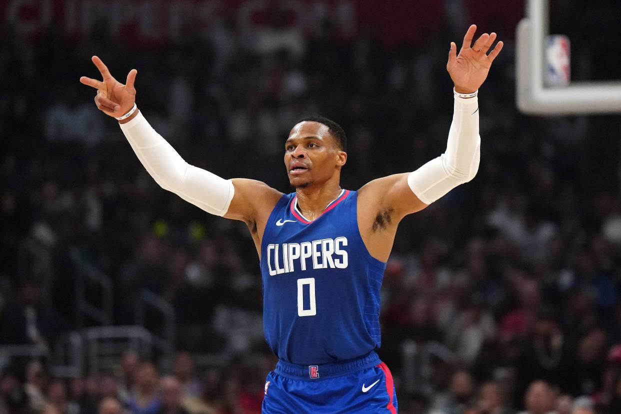 Jan 16, 2024; Los Angeles, California, USA; LA Clippers guard Russell Westbrook (0) reacts against the Oklahoma City Thunder in the first half at Crypto.com Arena. Mandatory Credit: Kirby Lee-USA TODAY Sports