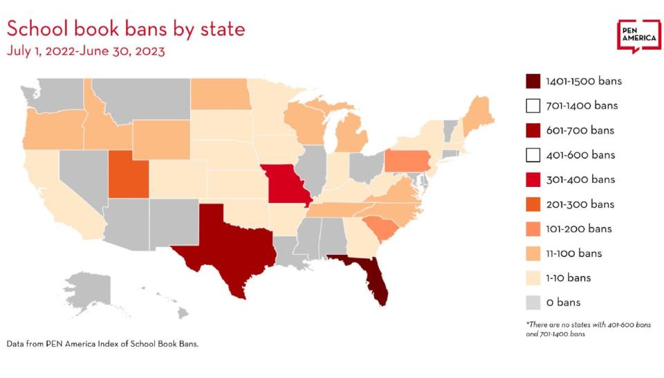 School book bans by state as of June 30, 2023, according to PEN America.