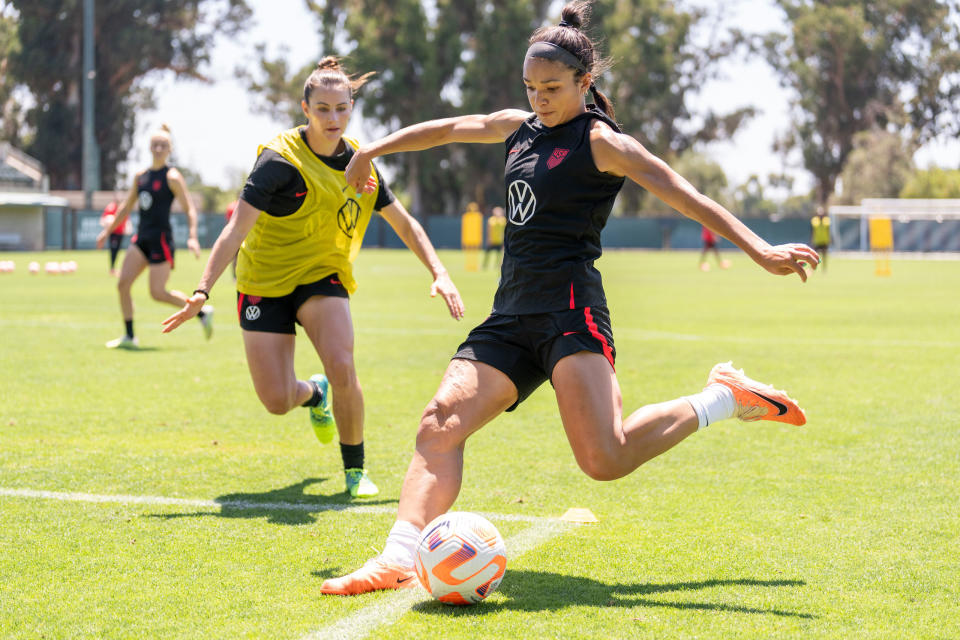Sophia Smith takes a shot during USWNT training at Cagan Stadium in Stanford, Calif., on July 3, 2023.<span class="copyright">Brad Smith—USSF/Getty Images</span>