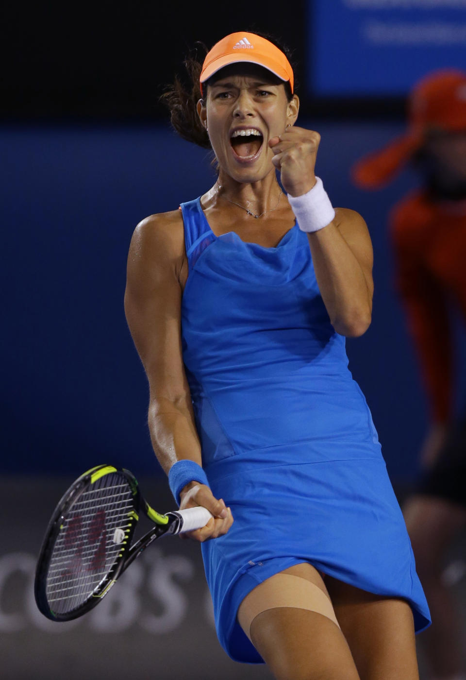 Ana Ivanovic of Serbia celebrates a match point won over Samantha Stosur of Australia during their third round match at the Australian Open tennis championship in Melbourne, Australia, Friday, Jan. 17, 2014.(AP Photo/Aaron Favila)