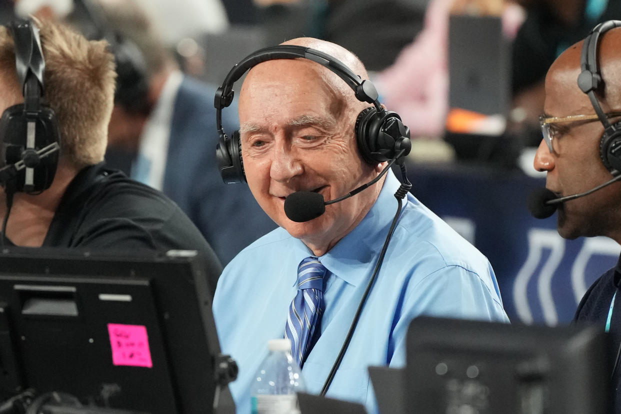 HOUSTON, TEXAS - APRIL 03: College basketball announcer Dick Vitale on air during the NCAA Men's Basketball Tournament Final Four championship game between the Connecticut Huskies and the San Diego State Aztecs at NRG Stadium on April 03, 2023 in Houston, Texas. (Photo by Mitchell Layton/Getty Images)