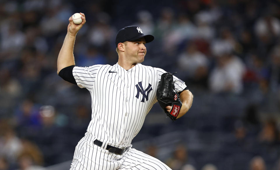 New York Yankees pitcher Michael King throws to a Toronto Blue Jays batter during the first inning of a baseball game Wednesday, Sept. 20, 2023, in New York. (AP Photo/Noah K. Murray)