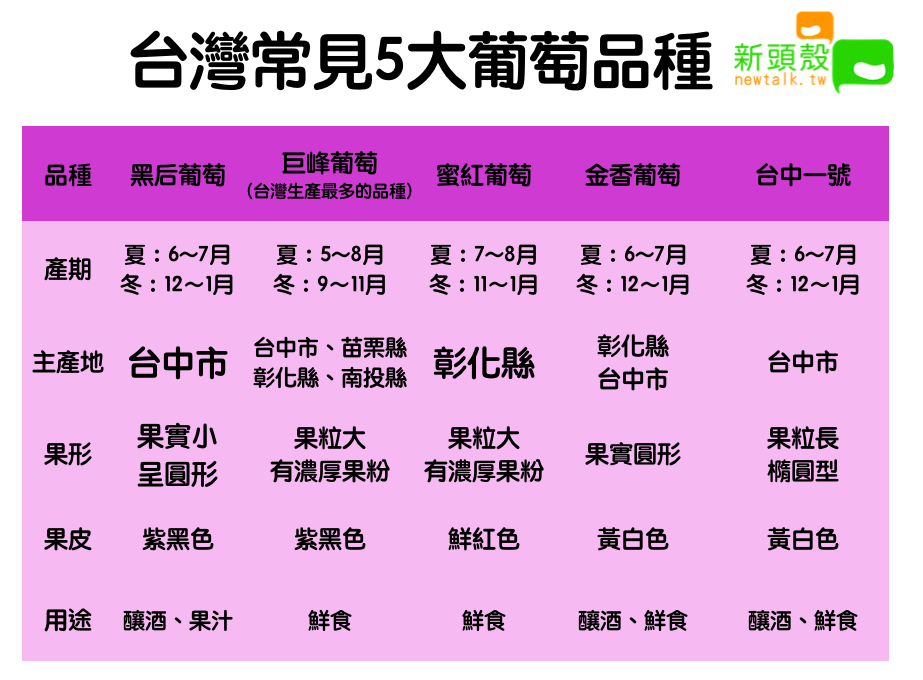 台灣常見五大葡萄品種 圖：新頭殼/製表