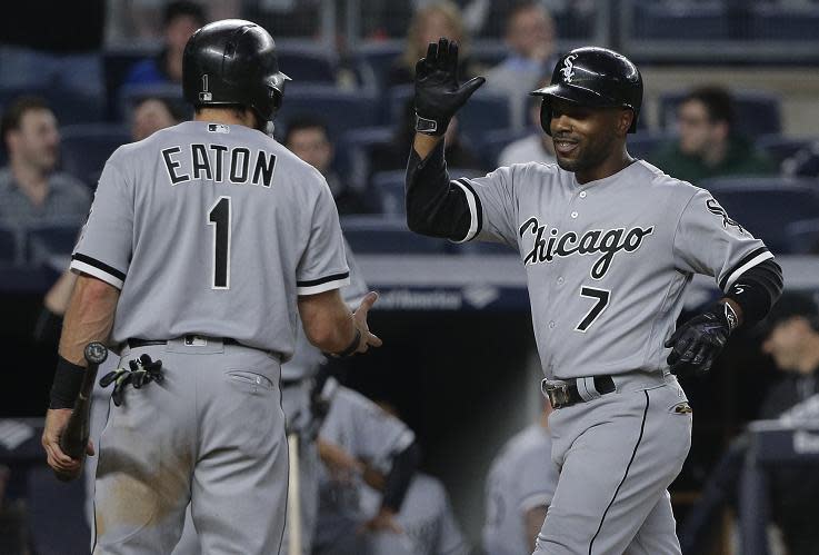 Jimmy Rollins celebrates with Adam Eaton after hitting a two-run homer for he White Sox last May. (AP)