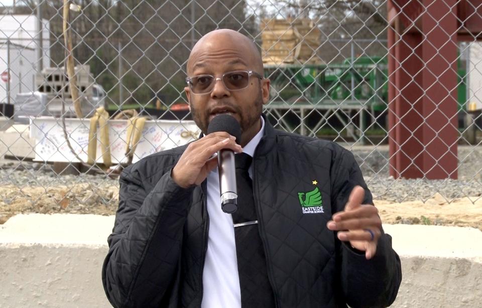 EastSide Charter School Chief Executive Officer Aaron Bass
speaks during the topping off ceremony at the school in Wilmington, DE, Monday, April 8, 2024.