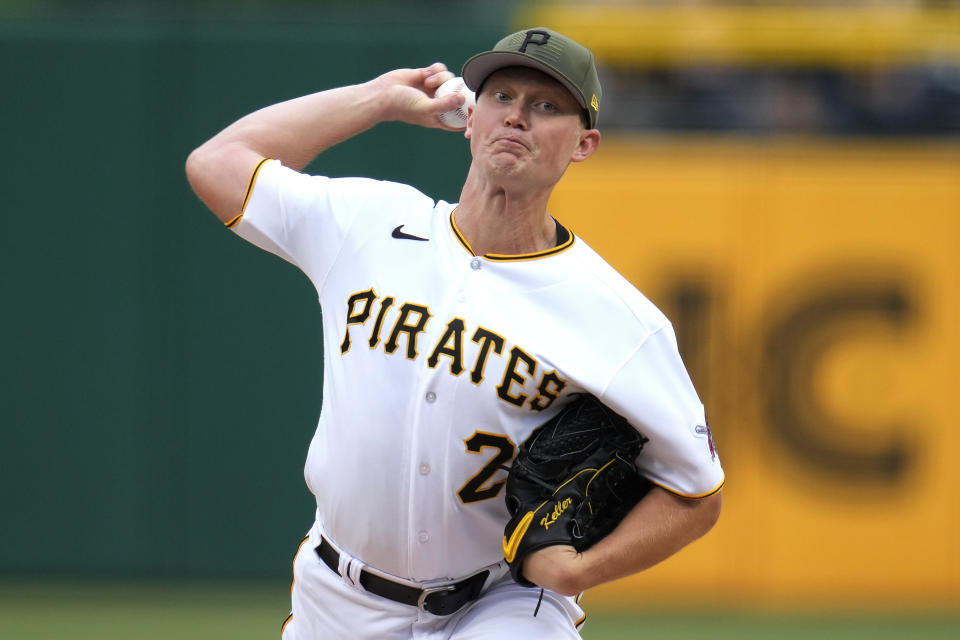 Pittsburgh Pirates starting pitcher Mitch Keller delivers during the second inning of a baseball game against the Arizona Diamondbacks in Pittsburgh, Saturday, May 20, 2023. (AP Photo/Gene J. Puskar)