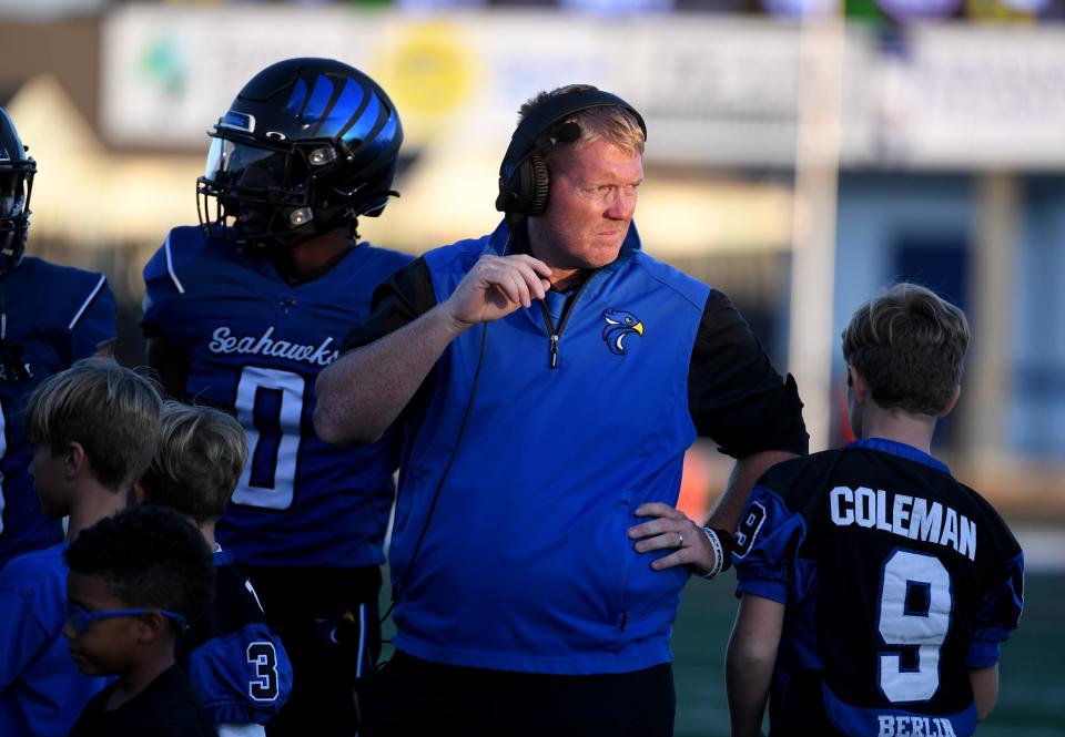 Decatur Head Football Coach Jake Coleman in the game against Bennett Friday, Sept. 15, 2023, in Berlin, Maryland. The Seahawks defeated the Clippers 35-0.