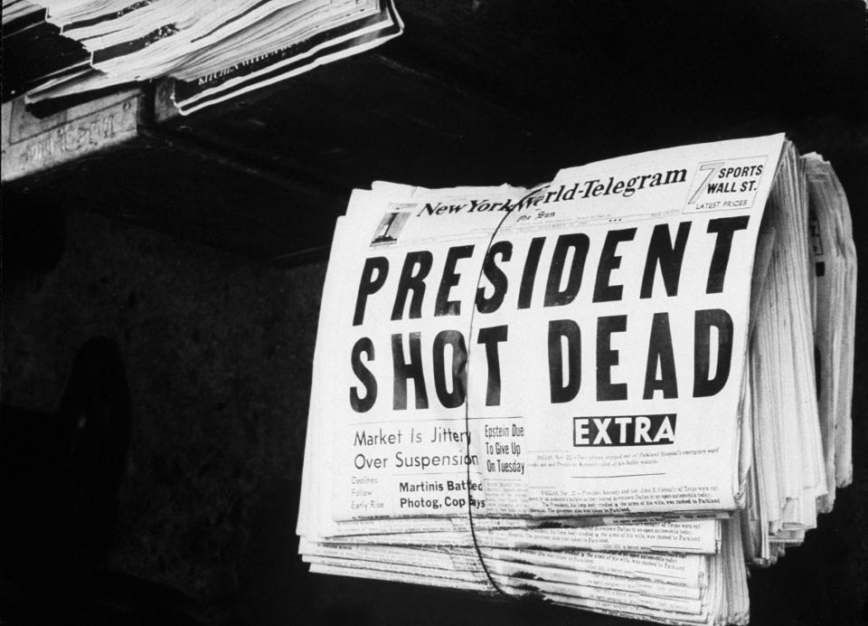<p>Newspaper announcing John F. Kennedy’s assassination. (Photo: Herb Scharfman/The LIFE Images Collection/Getty Images) </p>