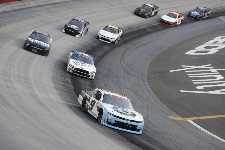 Noah Gragson (9) drives during NASCAR Xfinity Series auto race at Bristol Motor Speedway Monday, June 1, 2020, in Bristol, Tenn. (AP Photo/Mark Humphrey)