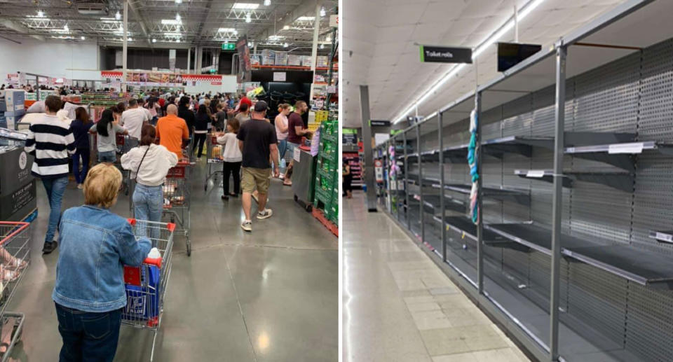 A crowd of Adelaide Costco shoppers are seen queuing up (left) and an empty toilet paper aisle at a New Zealand supermarket (right).