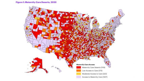 PHOTO: A map shows areas of the U.S. that lack access to maternal health care. (March of Dimes/US Health Resources and Services Admin.)