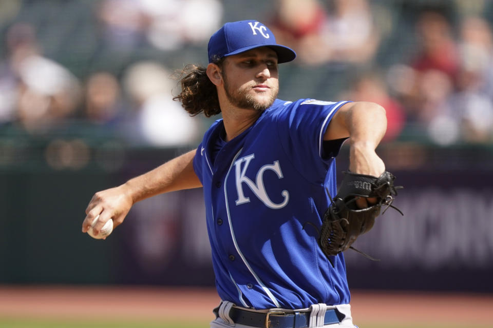 Kansas City Royals starting pitcher Jackson Kowar delivers in the first inning of a baseball game against the Cleveland Indians, Monday, Sept. 27, 2021, in Cleveland. (AP Photo/Tony Dejak)