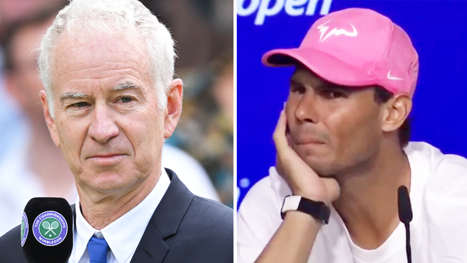 John McEnroe (pictured left) during Wimbledon broadcast and (pictured right) Rafa Nadal perplexed at a question during a US Open press conference.