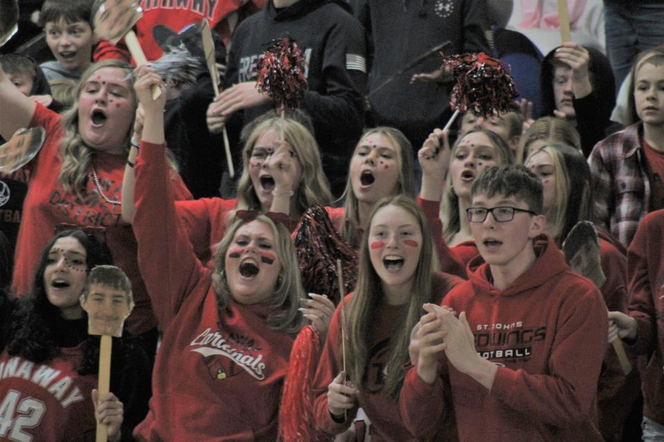 An excited Onaway student section cheers on their team during the first half against Cheboygan on Friday.