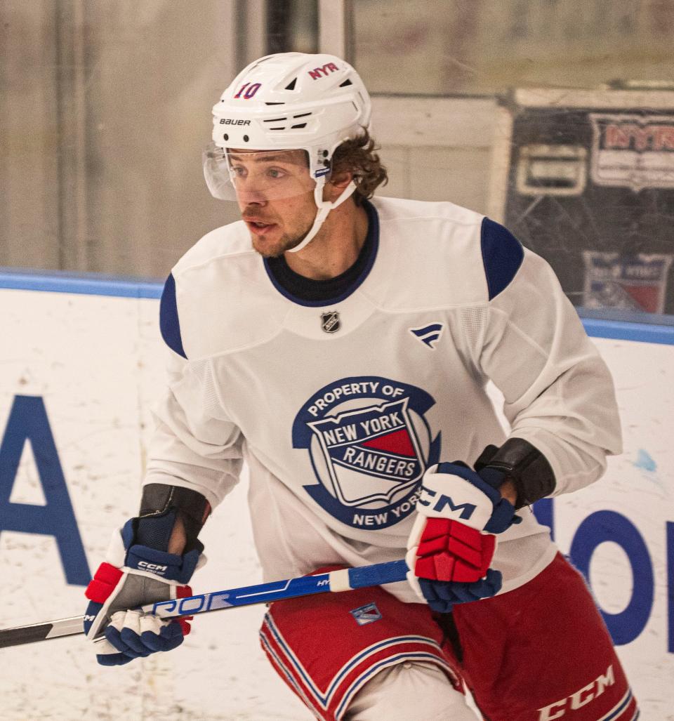 Artemi Panarin skates during the first day of the New York Rangers training camp at their practice facility in Greenburgh, N.Y. Sept. 19, 2024. Seth Harrison/The Journal News