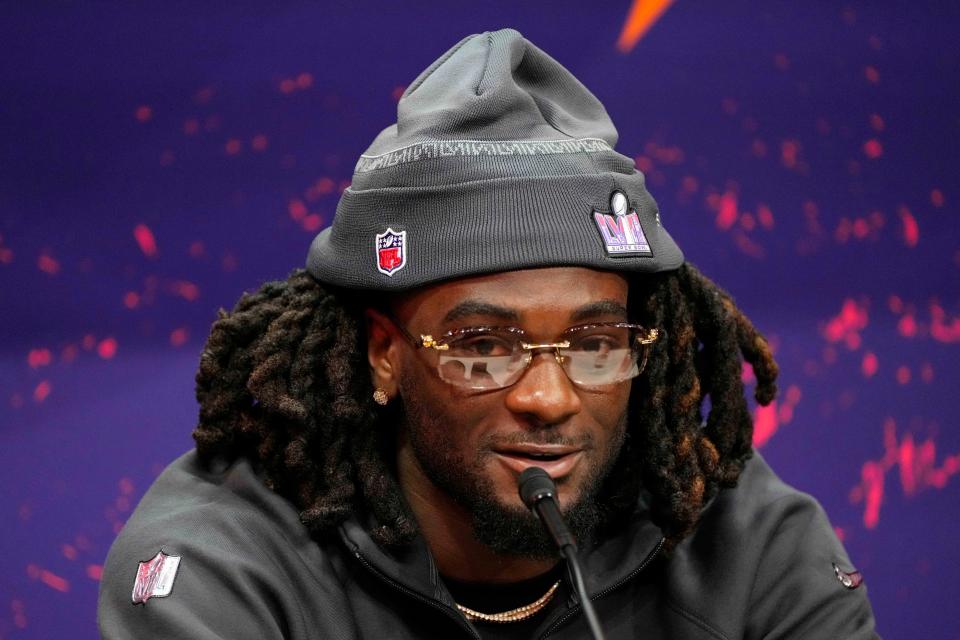 San Francisco 49ers wide receiver Brandon Aiyuk (11) talks to the media during Super Bowl LVIII Opening Night at Allegiant Stadium.