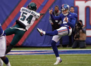 <p>Philadelphia Eagles linebacker Kamu Grugier-Hill (54) blocks a punt by New York Giants punter Brad Wing (9) at MetLife Stadium. Mandatory Credit: Robert Deutsch-USA TODAY Sports </p>