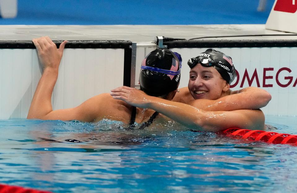 Alex Walsh (USA) and Kate Douglass (USA) celebrate after placing second and third in the women's 200m individual medley final.