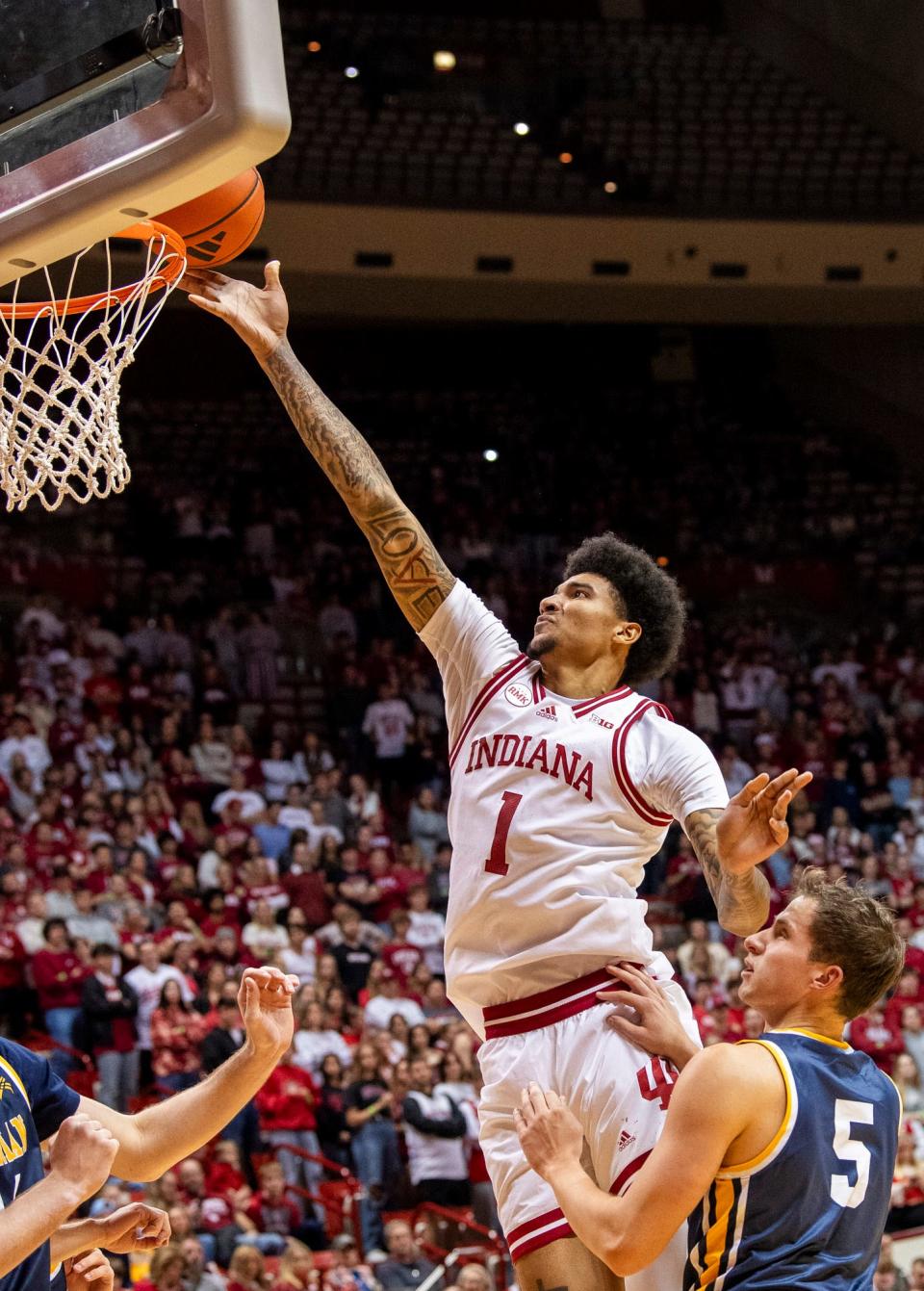 Indiana's Kel'el Ware (1) shoots during the second half of the Indiana versus Marian men's basketball game at Simon Skjodt Assembly Hall on Friday, Nov. 3, 2023.