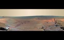 A full-circle scene combining 817 images taken by the panoramic camera (Pancam) on NASA's Mars Exploration Rover Opportunity. The US space agency NASA is calling it the "next best thing to being" on the Red Planet.