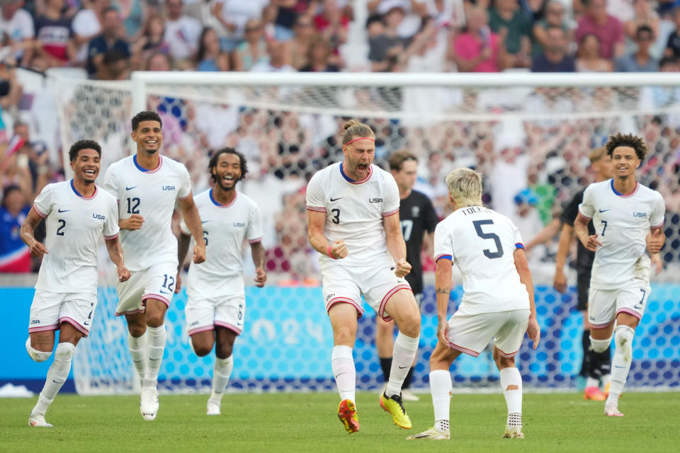 MARSEILLE, FRANCE - JULY 27: USA's Walker Zimmerman (number 3) celebrates after scoring in the first half against New Zealand during a men's Group A match at the Paris 2024 Olympic Games at Stade de Marseille on July 27, 2024 in Marseille, France. (Photo by John Todd/ISI/Getty Images)